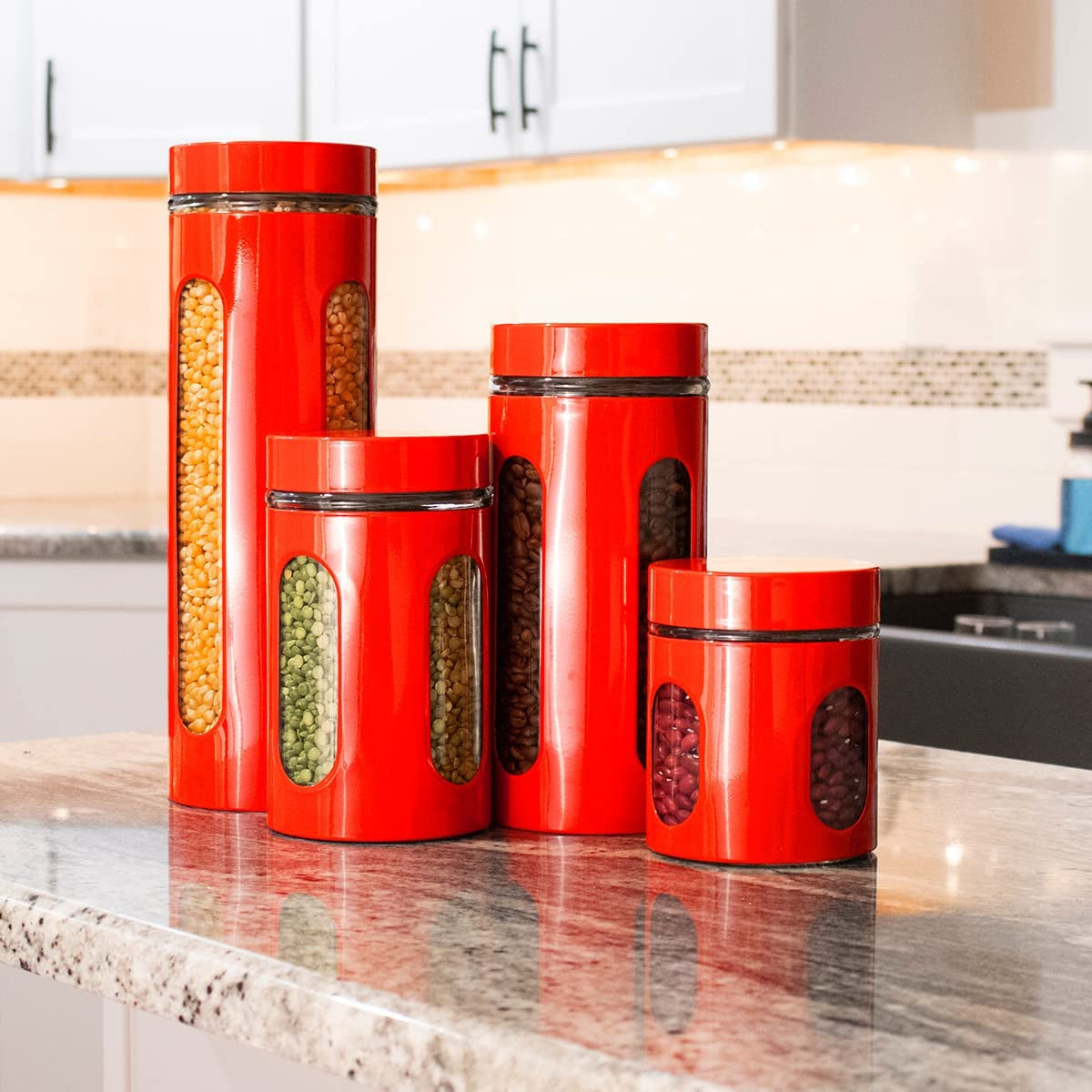 Retro Kitchen Canisters for Countertop (4 Piece Set) Red Glass with Metal Finish; See-Through Windows; Great for Flour, Coffee, Sugar, Dry Ingredients, Snacks