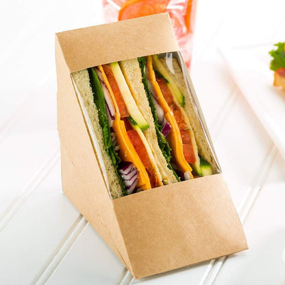 Large Sandwich Wedge Box Sandwich Take Out Box - 4.8" X 3.2" Triangle Sandwich Box with Window - Brown - 25Ct Box