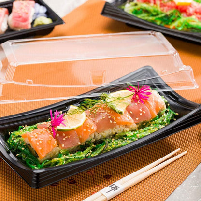 Roku 9.75 X 4.75 Inch Sushi Trays 100 Disposable Sushi Containers with Lids - Long Take Out Containers for Appetizers Entrees or Desserts Black Plastic to Go Containers