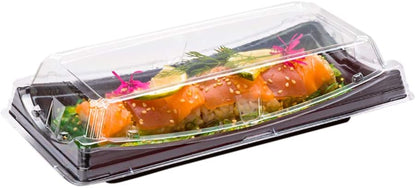 Roku 9.75 X 4.75 Inch Sushi Trays 100 Disposable Sushi Containers with Lids - Long Take Out Containers for Appetizers Entrees or Desserts Black Plastic to Go Containers