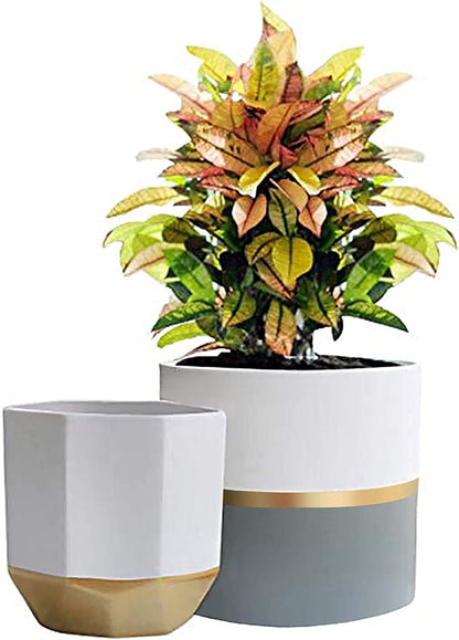 White Ceramic Flower Pots - 6.7 + 5.4 Inch Indoor Planters, Plant Containers in a Marble Ink Pattern with Rose Gold and Pink Detailing