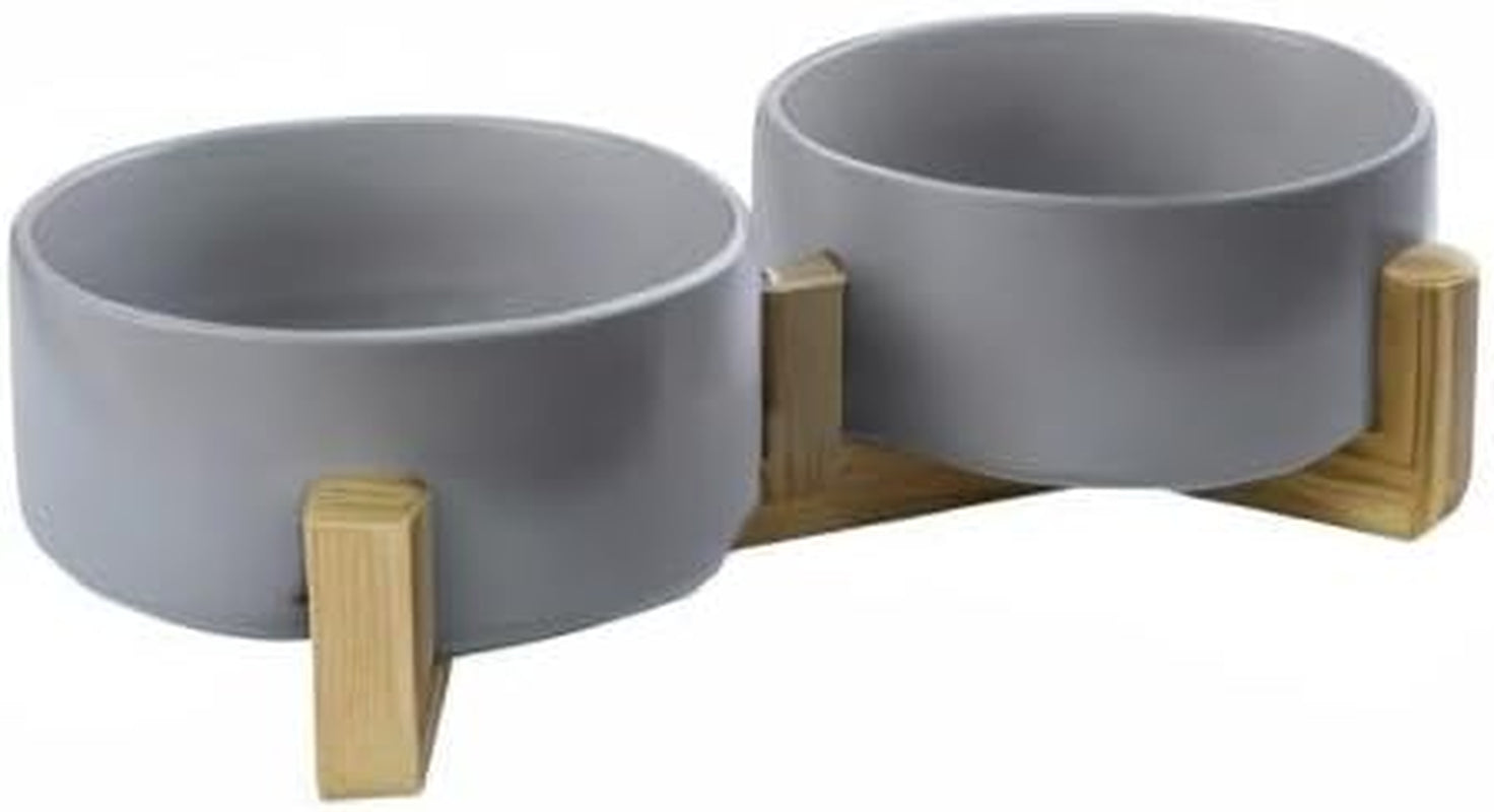 Grey Ceramic Dog Bowls with Wood Stand No Spill Pet Food Water Feeder Cats Small Dogs Set of 2