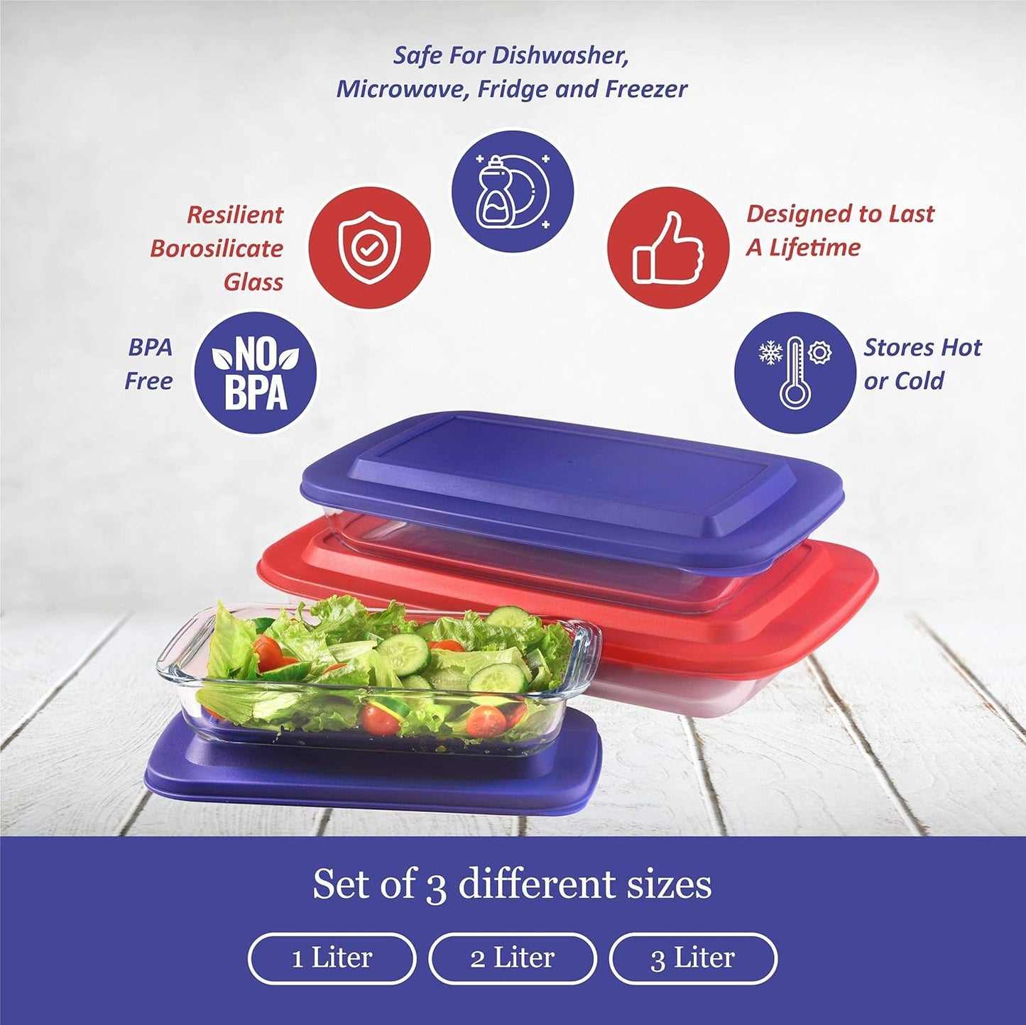 Bovado Glass Bakeware Set + Bpa-Free Lids (1QT + 2.2QT + 3QT) | 3 Baking Dishes + Lids | Premium Rectangular Glass Baking Dishes for Casseroles, Lasagna, Leftovers & Cooking | Essential Kitchen Items