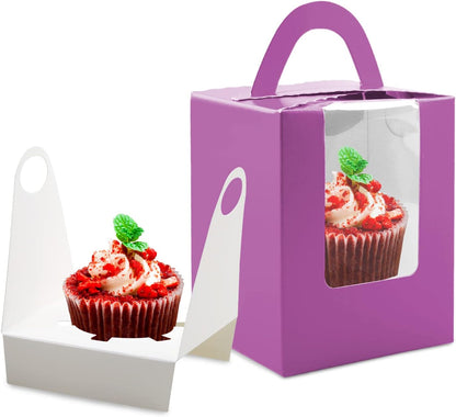 Cupcake Boxes,50 Pack Cupcake Boxes Individual Single Cupcake Boxes Individual Cupcake Boxes,Clear Window Inserts Handle Cupcake Muffins Cupcake Carriers Pastry Containers (Purple)