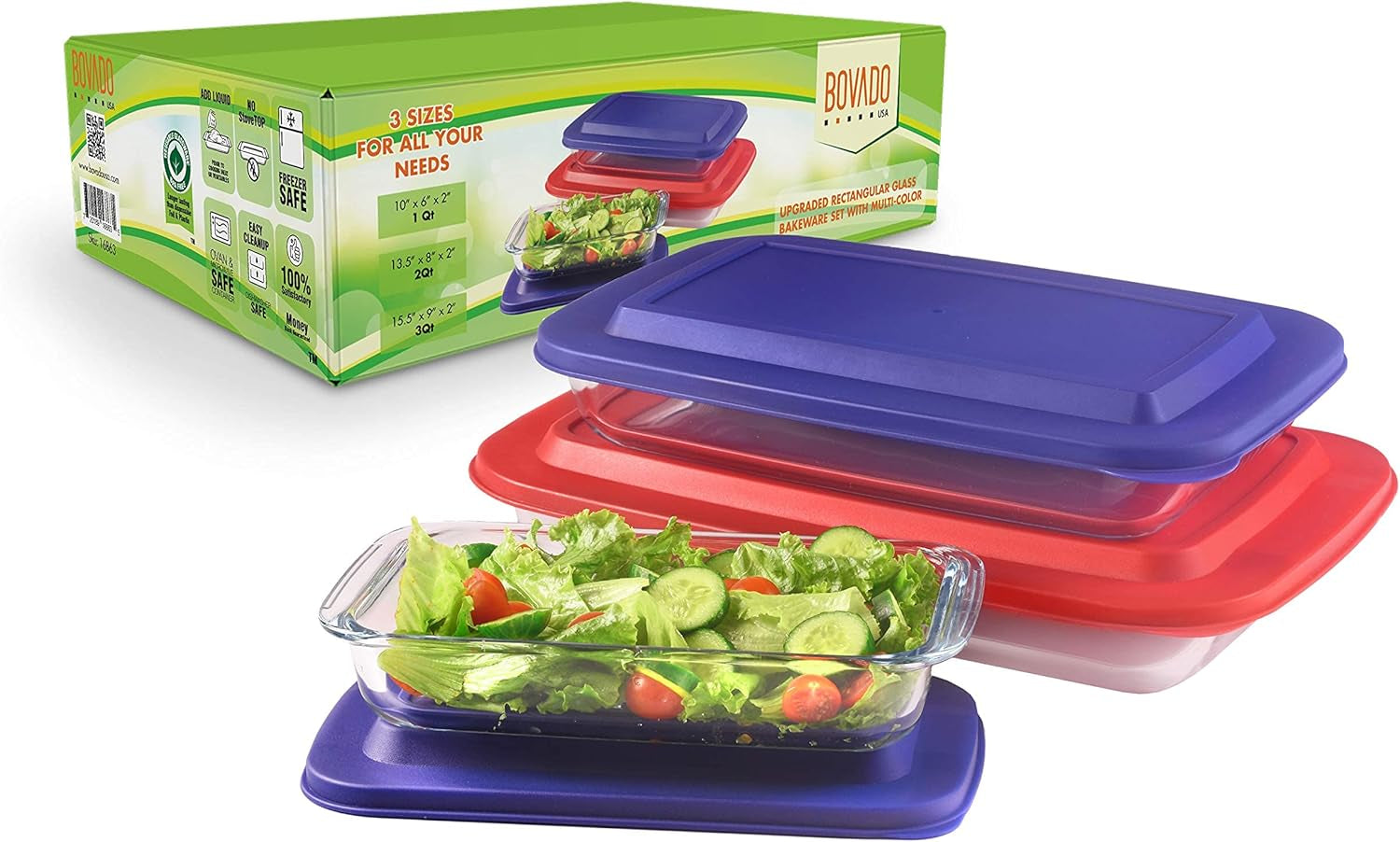 Bovado Glass Bakeware Set + Bpa-Free Lids (1QT + 2.2QT + 3QT) | 3 Baking Dishes + Lids | Premium Rectangular Glass Baking Dishes for Casseroles, Lasagna, Leftovers & Cooking | Essential Kitchen Items