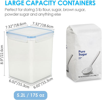 Large Food Storage Containers 5.2L / 175Oz, 4 Pieces BPA Free Plastic Airtight Canisters for Flour, Sugar, Baking Supplies, Rice with Lids, 4 Measuring Cups and 24 Labels, Blue