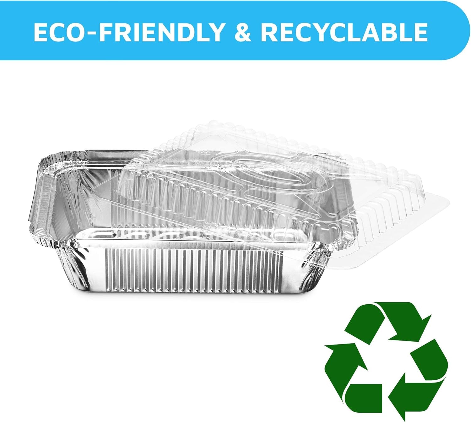 Disposable Takeout Pans with Clear Lids | 2Lb Capacity Aluminum Foil Food Drip Container with Strong Seal for Freshness & Spill Resistance | Earth, Eco-Friendly & Recyclable 100Pack 8X5.5”