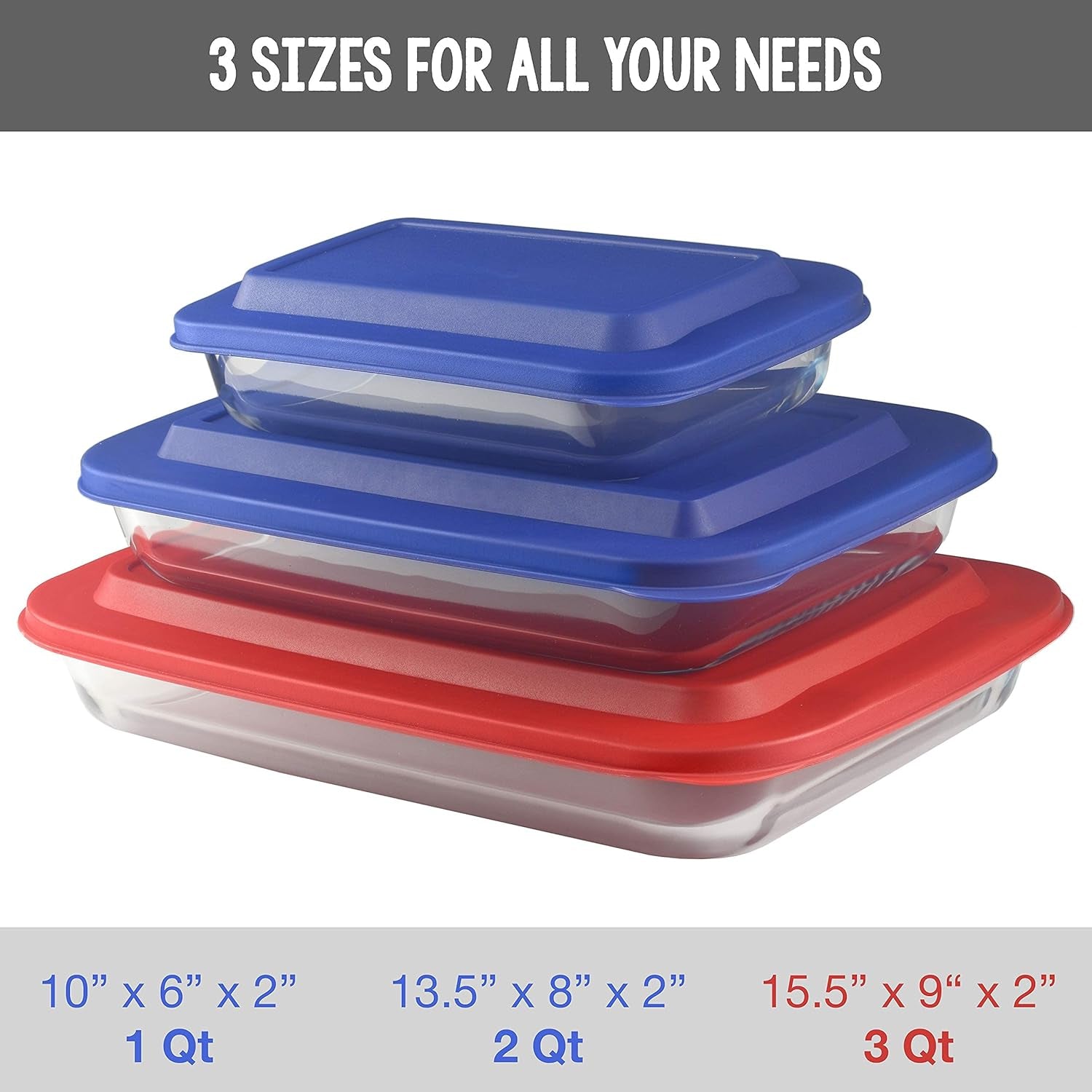 Bovado Glass Bakeware Set + Bpa-Free Lids (1QT + 2.2QT + 3QT) | 3 Baking Dishes + Lids | Premium Rectangular Glass Baking Dishes for Casseroles, Lasagna, Leftovers & Cooking | Essential Kitchen Items