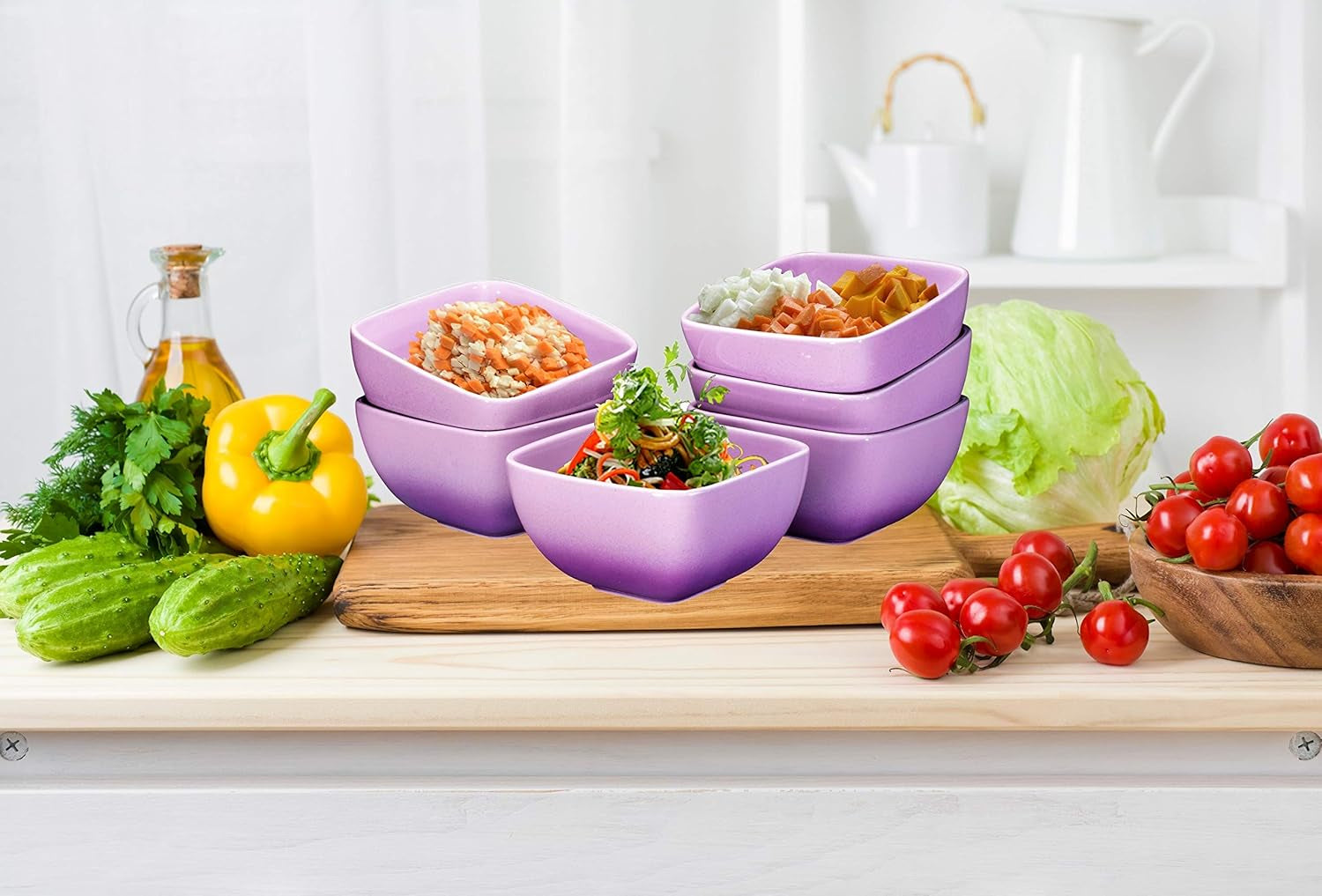 Large Ceramic Square Bowl Set of 6 - 26 Ounce for Pasta, Cereal, Soup and Berries - (Gradient Purple)