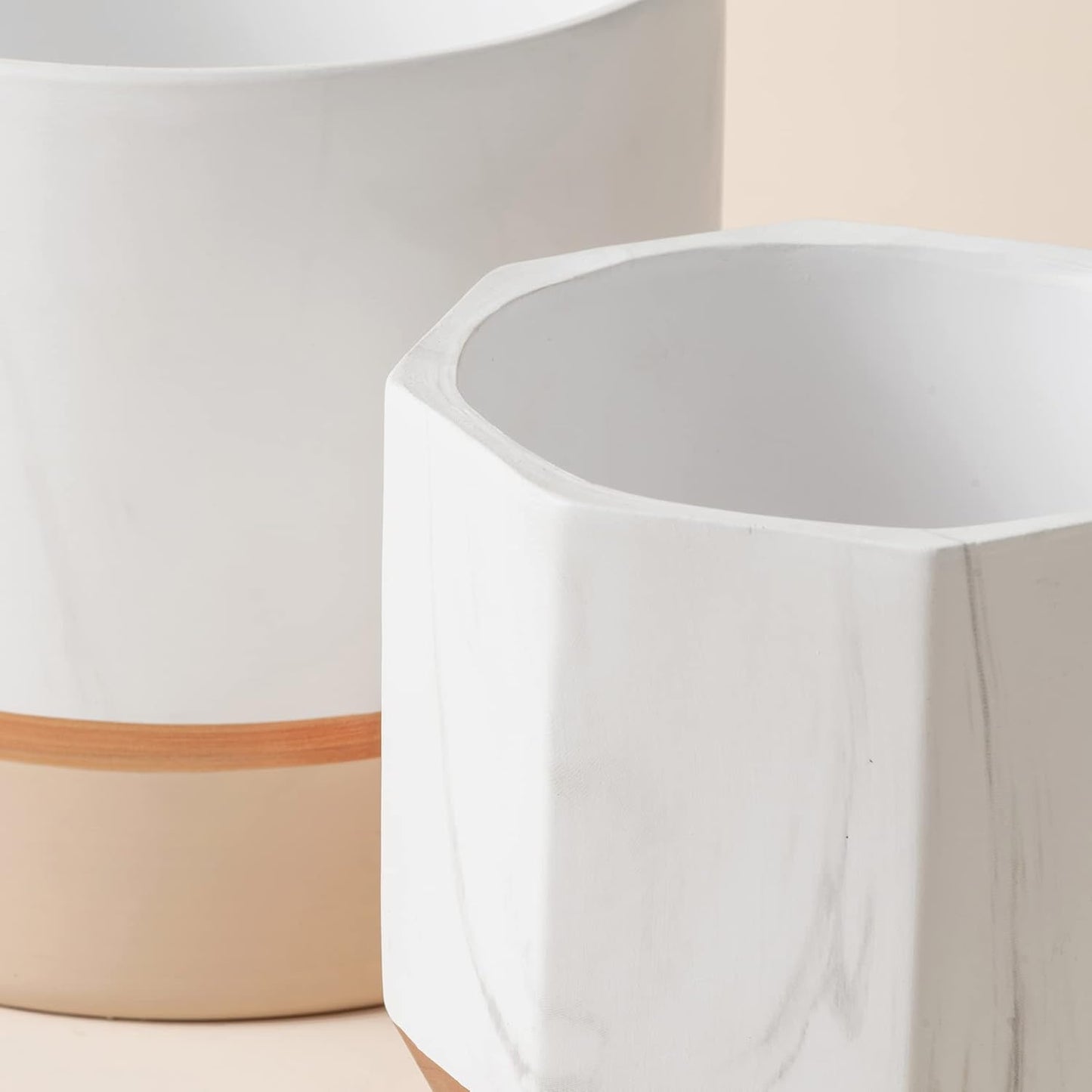 White Ceramic Flower Pots - 6.7 + 5.4 Inch Indoor Planters, Plant Containers in a Marble Ink Pattern with Rose Gold and Pink Detailing