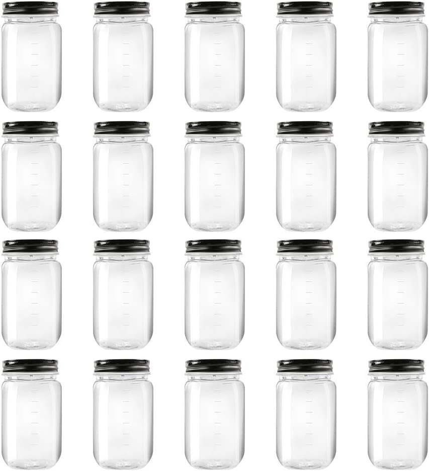 16 Ounce Clear Plastic Jars with Black Lids - Refillable round Clear Containers Clear Jars Storage Containers for Kitchen & Household Storage - BPA Free (10 Pack)