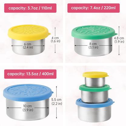 Stainless Steel Food Containers with Lids, Set of 3 Reusable Snack Containers (110 Ml, 220Ml, 400Ml), Leakproof Silicone Lids, Metal Food Storage Containers for Snack, Lunch, Bento, Sauce