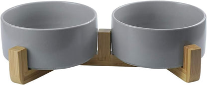 Grey Ceramic Dog Bowls with Wood Stand No Spill Pet Food Water Feeder Cats Small Dogs Set of 2