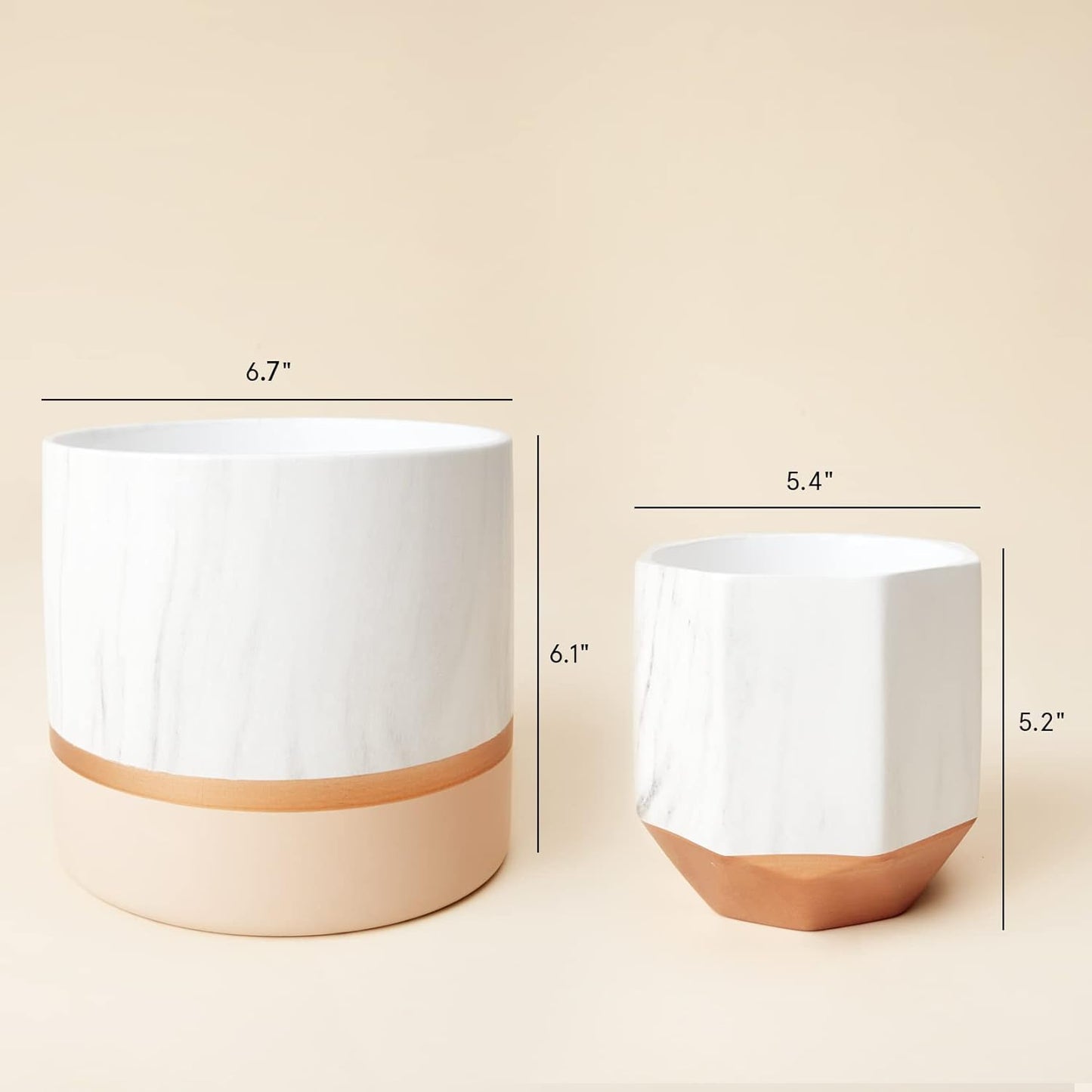 White Ceramic Flower Pots - 6.7 + 5.4 Inch Indoor Planters, Plant Containers in a Marble Ink Pattern with Rose Gold and Pink Detailing