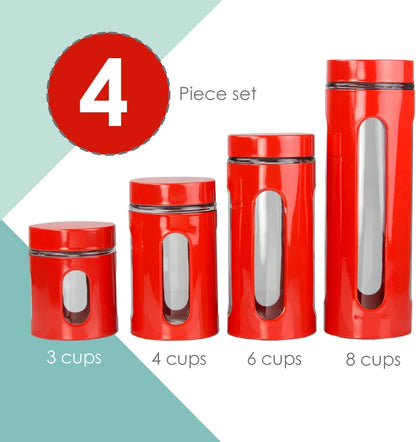 Retro Kitchen Canisters for Countertop (4 Piece Set) Red Glass with Metal Finish; See-Through Windows; Great for Flour, Coffee, Sugar, Dry Ingredients, Snacks