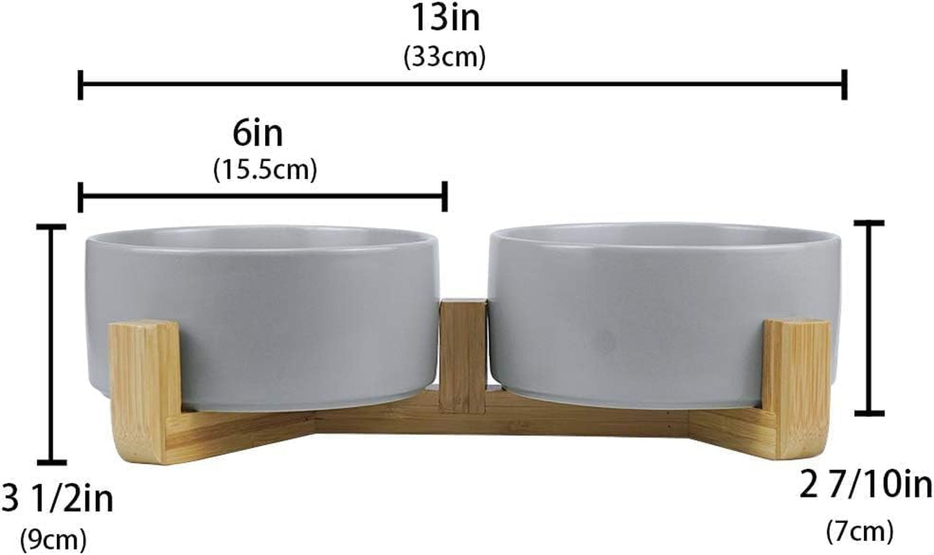 Grey Ceramic Dog Bowls with Wood Stand No Spill Pet Food Water Feeder Cats Small Dogs Set of 2