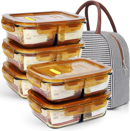 5 Pack 36Oz Amber Food Storage Containers 2 Compartments Glass Meal Prep Containers with Lids Lunch Containers Adult Food Prep with Dividers