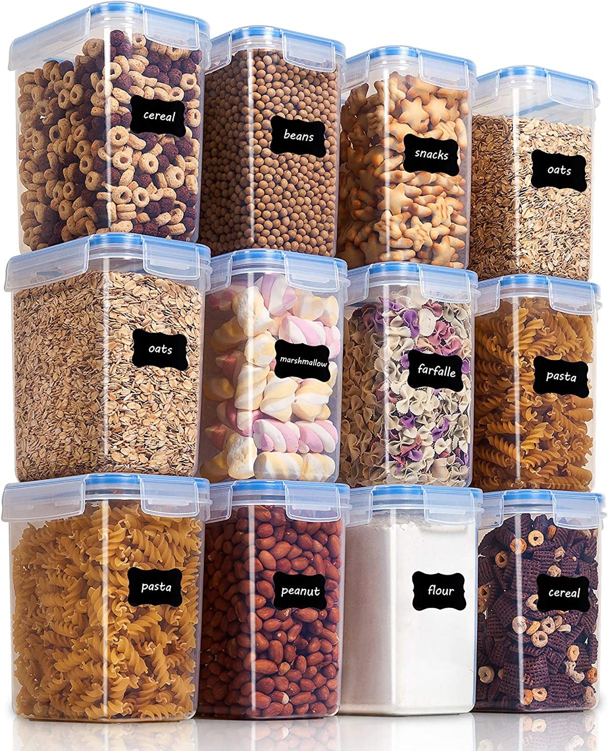 Airtight Food Storage Containers 12 Pieces 1.5Qt / 1.6L- Plastic BPA Free Kitchen Pantry Storage Containers for Sugar, Flour and Baking Supplies - Dishwasher Safe - Include 24 Labels, Black