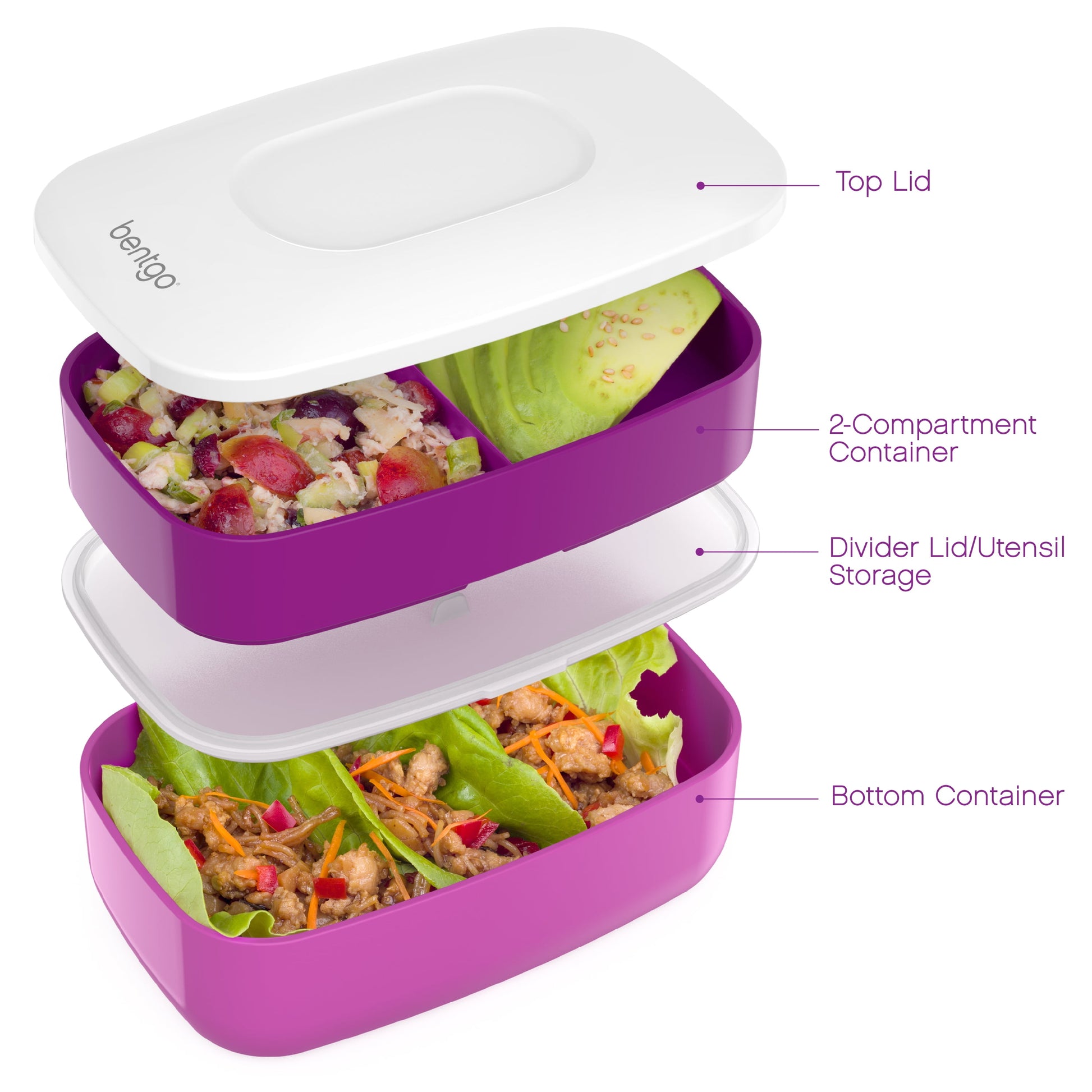 Classic (Purple) - All-In-One Stackable Lunch Box Solution - Sleek and Modern Bento Box Design Includes 2 Stackable Containers, Built-In Plastic Silverware, and Sealing Strap