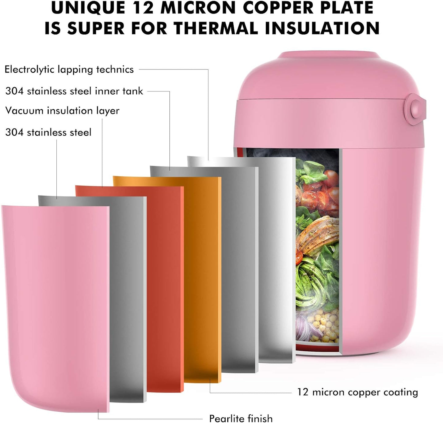 Food Thermos for Kids with Handle 16 Ounce Insulated Lunch Containers Leakproof Thermos for Food Lunch Soup Vacuum Stainless Steel with Folding Spoon Lunch Box for Kids School Outdoors Pink