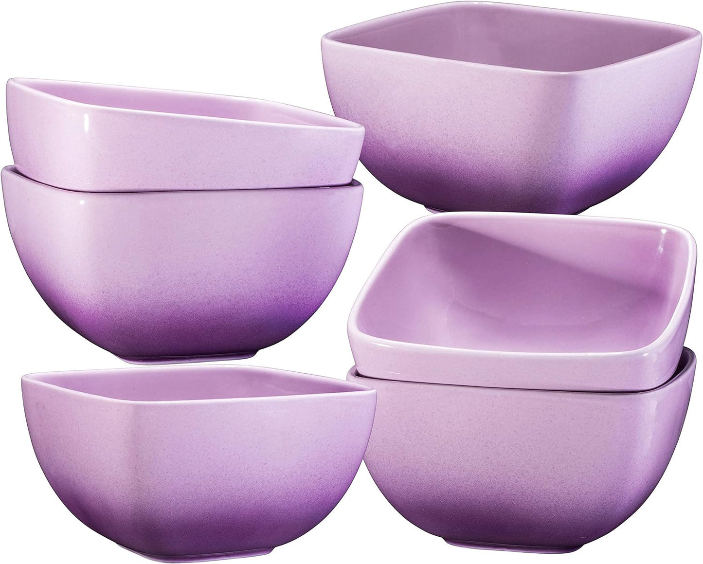 Large Ceramic Square Bowl Set of 6 - 26 Ounce for Pasta, Cereal, Soup and Berries - (Gradient Purple)