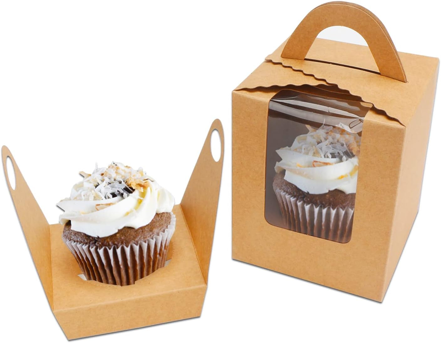 Cupcake Boxes Kraft Paper, 50Pcs Portable Single Individual Paper Cupcake Holder Containers,Muffin Gift Boxes with Window Inserts Handle, for Wedding Birthday Party Candy Boxes