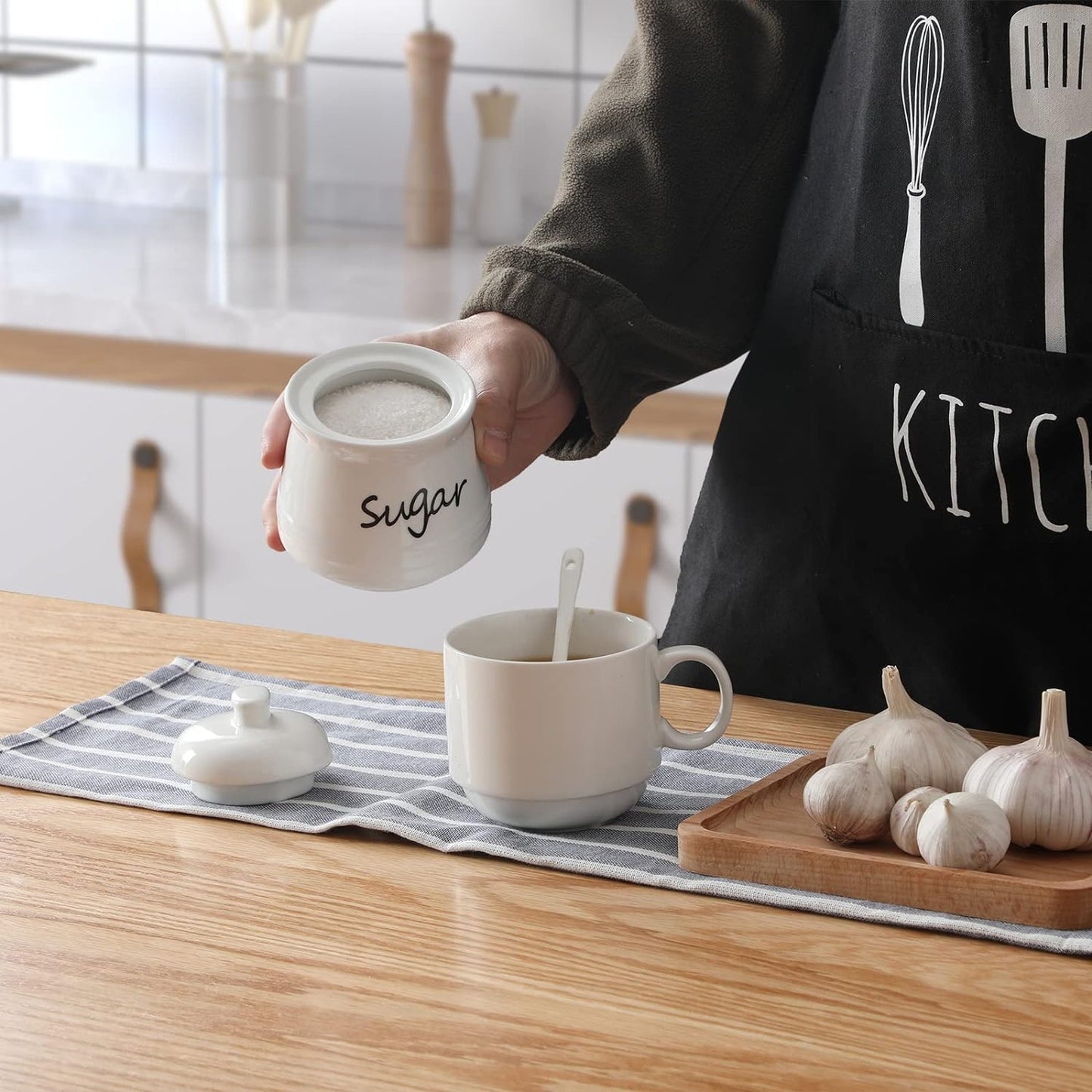 Ceramic Sugar Bowl with Lid and Spoon 12Oz (White)