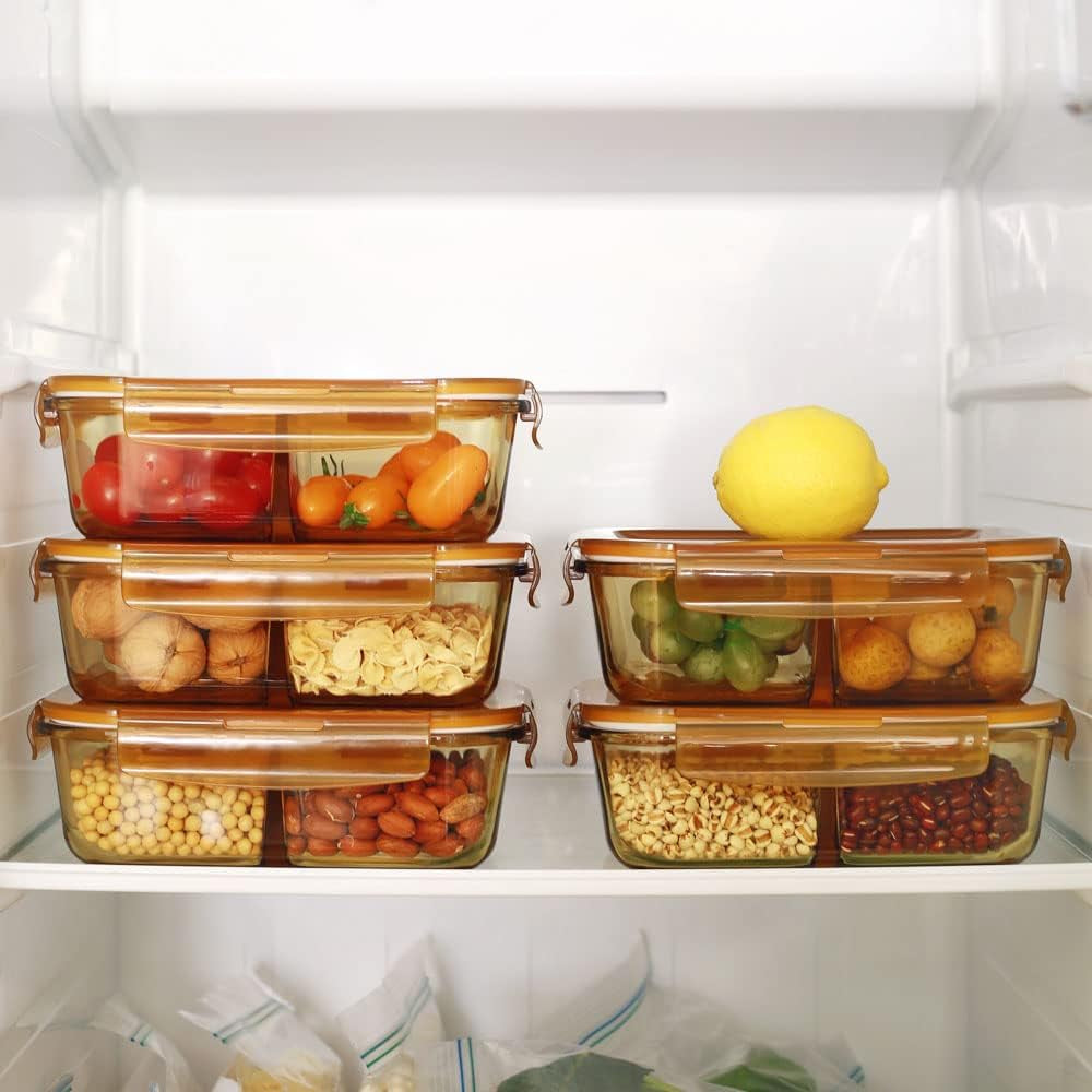 5 Pack 36Oz Amber Food Storage Containers 2 Compartments Glass Meal Prep Containers with Lids Lunch Containers Adult Food Prep with Dividers