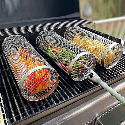 The Grill Master's Basket: Stainless Steel Rolling Grill Basket for Effortless BBQ - Universal Found