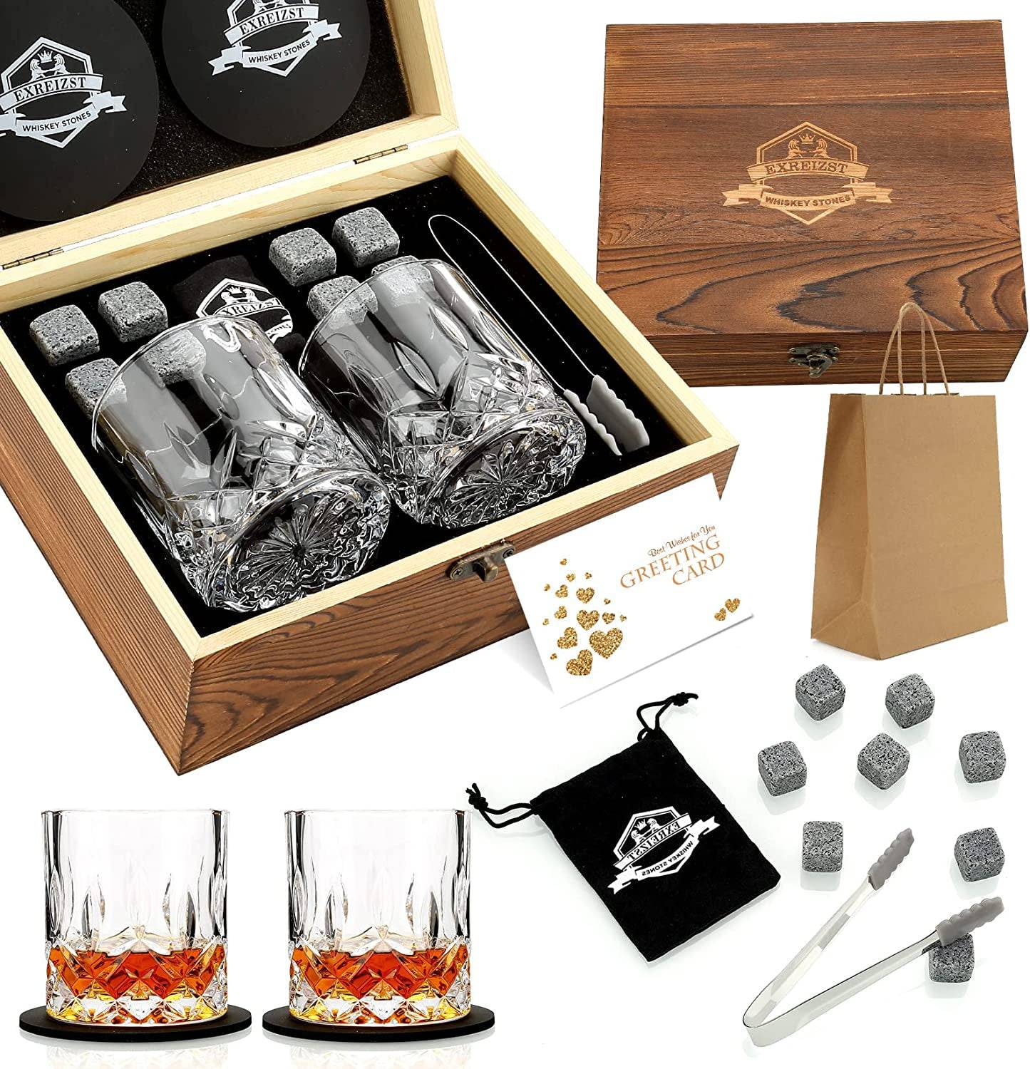 The Whiskey Connoisseur Set: Granite Chilling Stones & Crystal Glasses - Universal Found